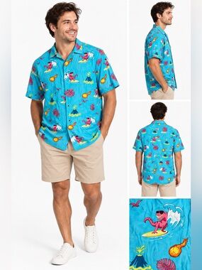 Huntington BC Shirt Mens 2X Surfing Dinosaur Hawaiian Aloha Novelty Button Up